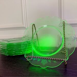 Pair (2) American Fostoria Uranium Green Scalloped Plates